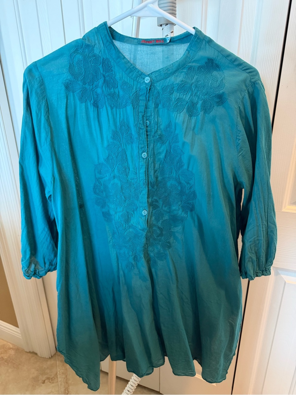 Johnny Was Teal Embroidered Button-Front Blouse